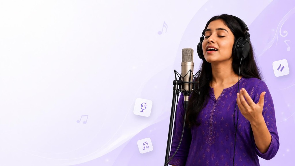 Indian classical vocalist practicing with tanpura-inspired atmosphere